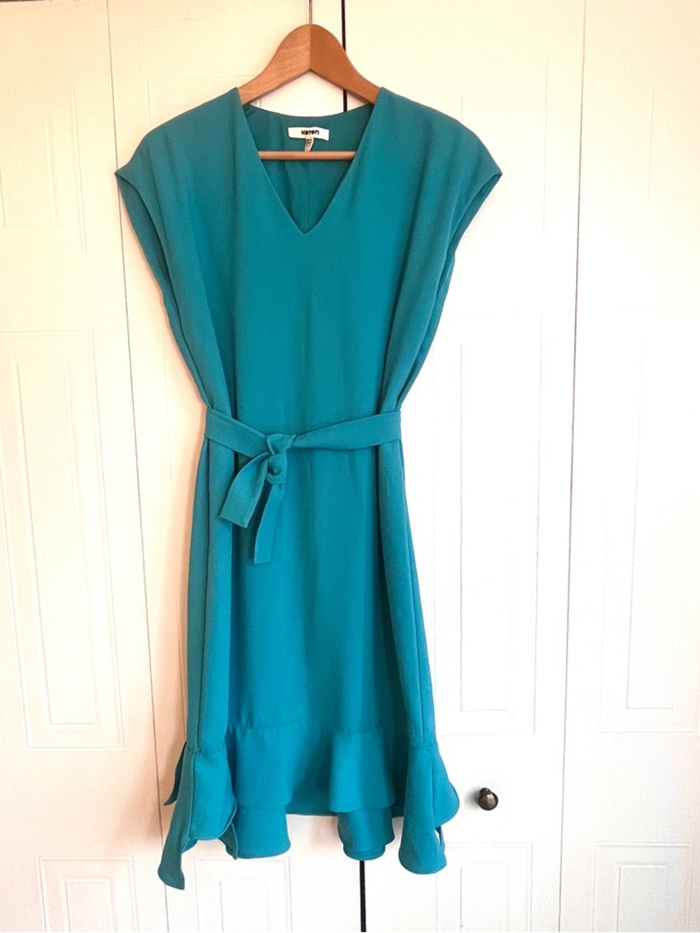 Koton Aqua Teal Ruffle Hem V-Neck Dress Size 6 (UK 10)